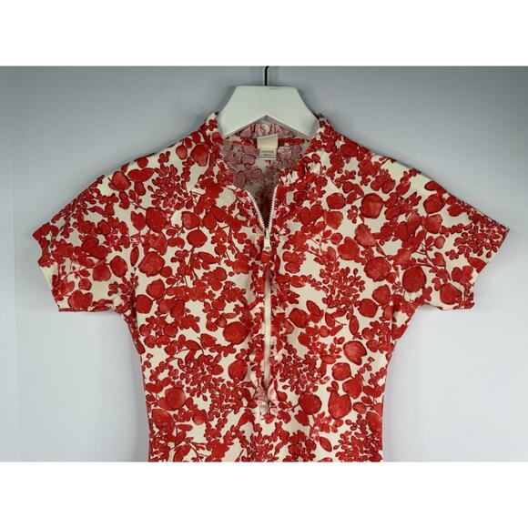 Tory Burch Rashguard Top Womens Sz XS Red Floral Ruffle 1/2 Zip Short Sleeve - Picture 3 of 11